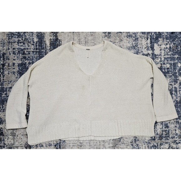Free People Super Oversized Cropped Sweater Women’s Small Creme V-Neck GUC ** - Picture 1 of 5